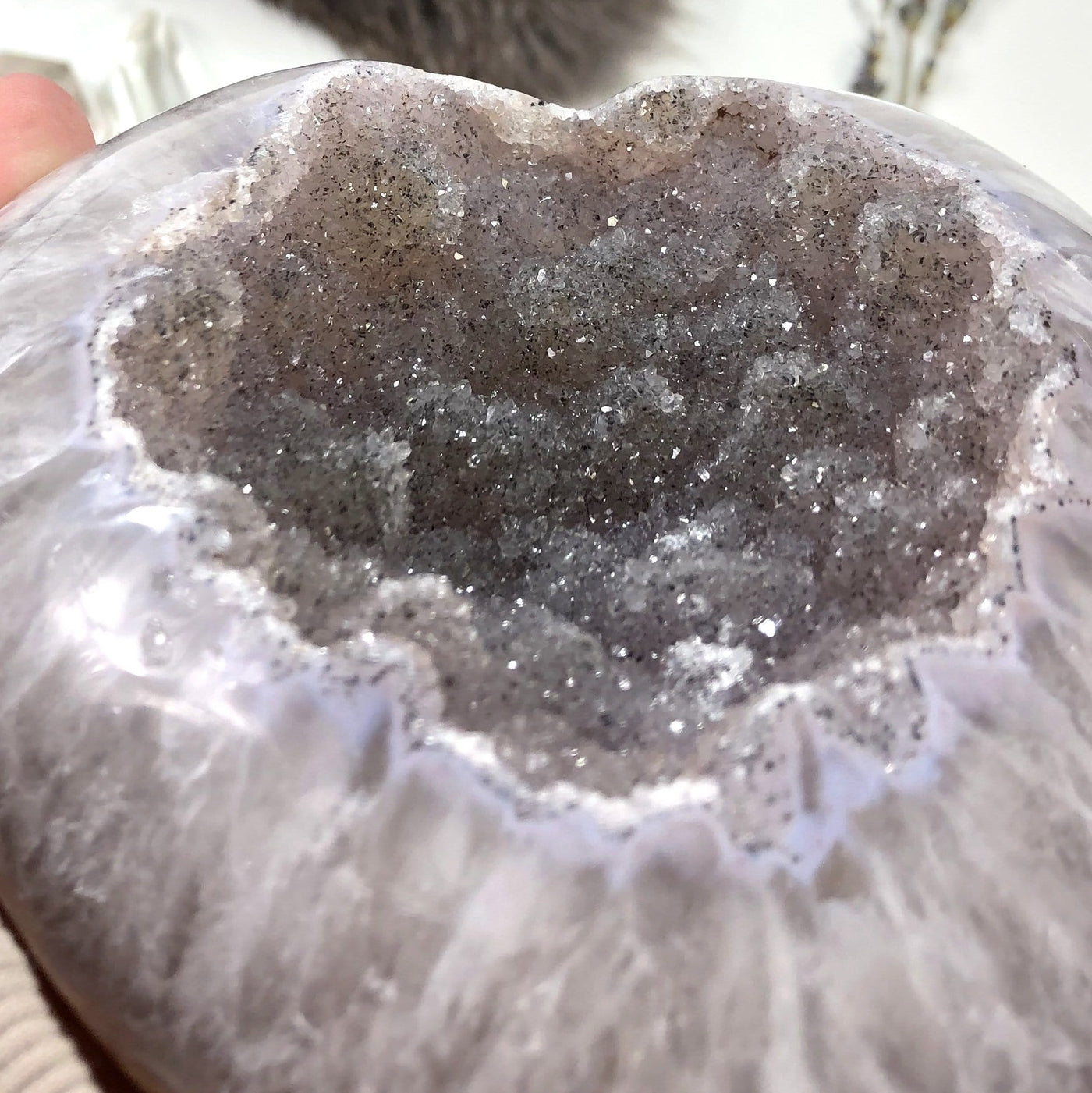 Close up of the druzy on Polished Agate Druzy Gray Heart