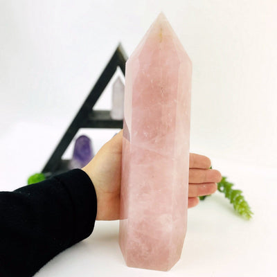 Hand behind Rose Quartz Polished Point Stone with triangular display with crystals blurred on white background