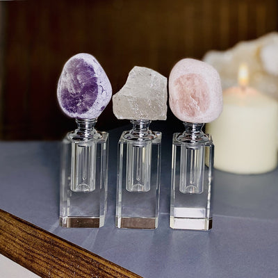 Perfume Bottles with Stone Dispenser Amethyst, Crystal Quartz, and Rose Quartz