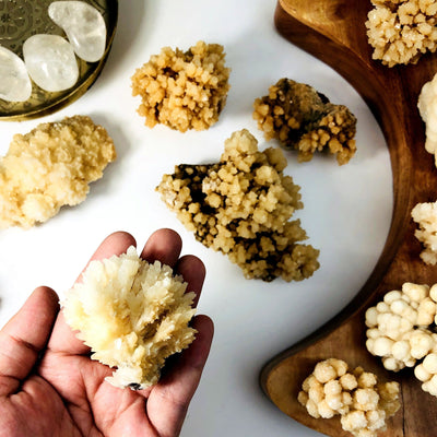 a hand holding a smaller Calcite Druzy Formations with more Calcite Druzy Formations in the background on a white and wood backdrop