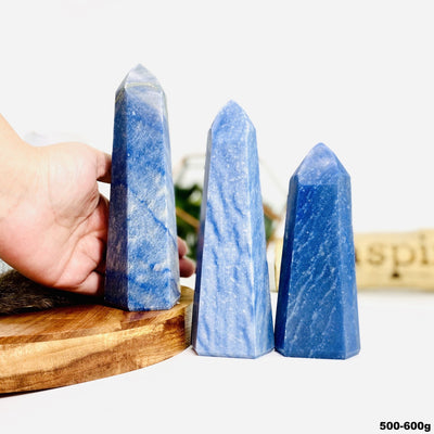 Three Blue Quartz Tower Points weighing at 500-600g in a variety of sizes