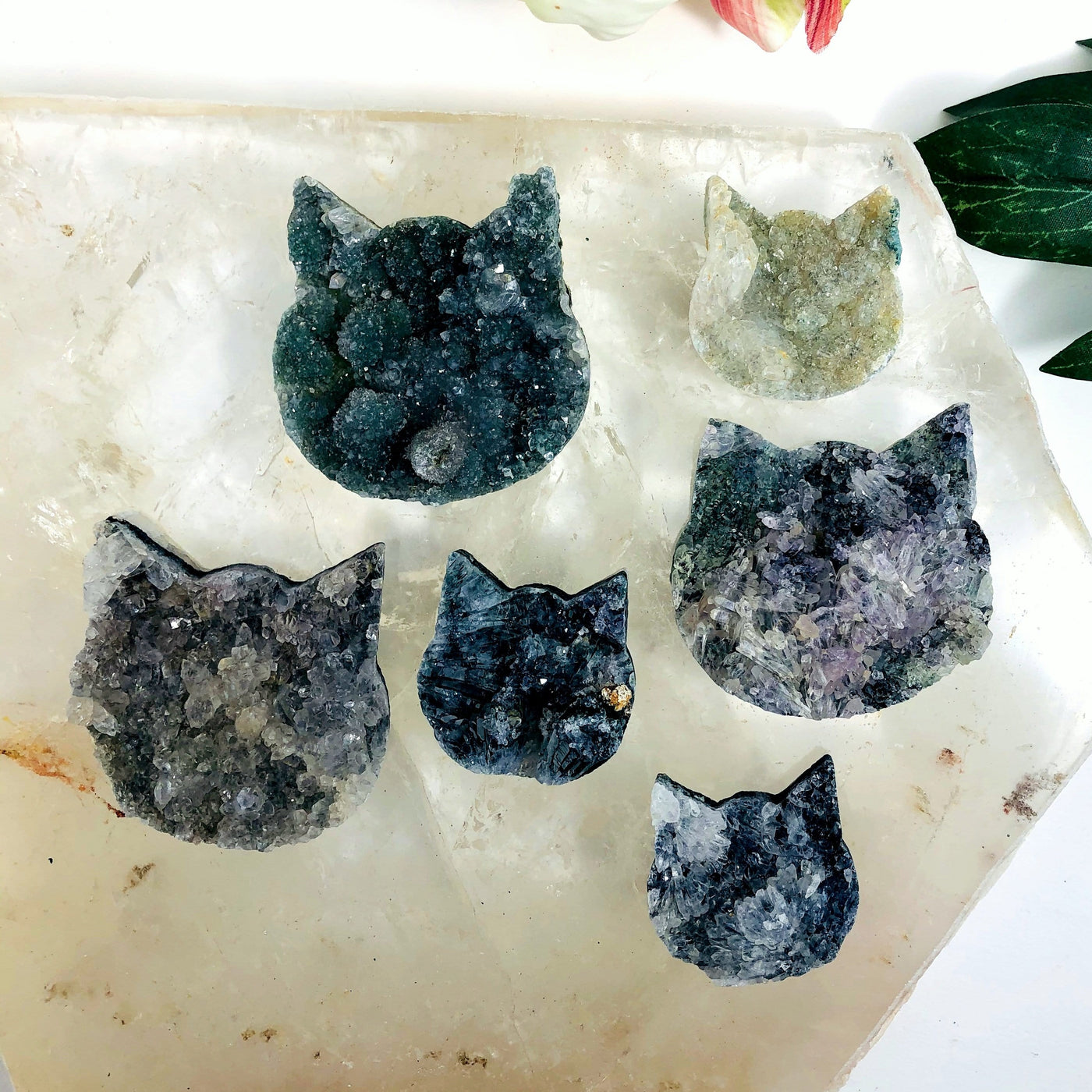 Amethyst Flower Crystal Cats displayed to show the differences in the color shades and sizes 