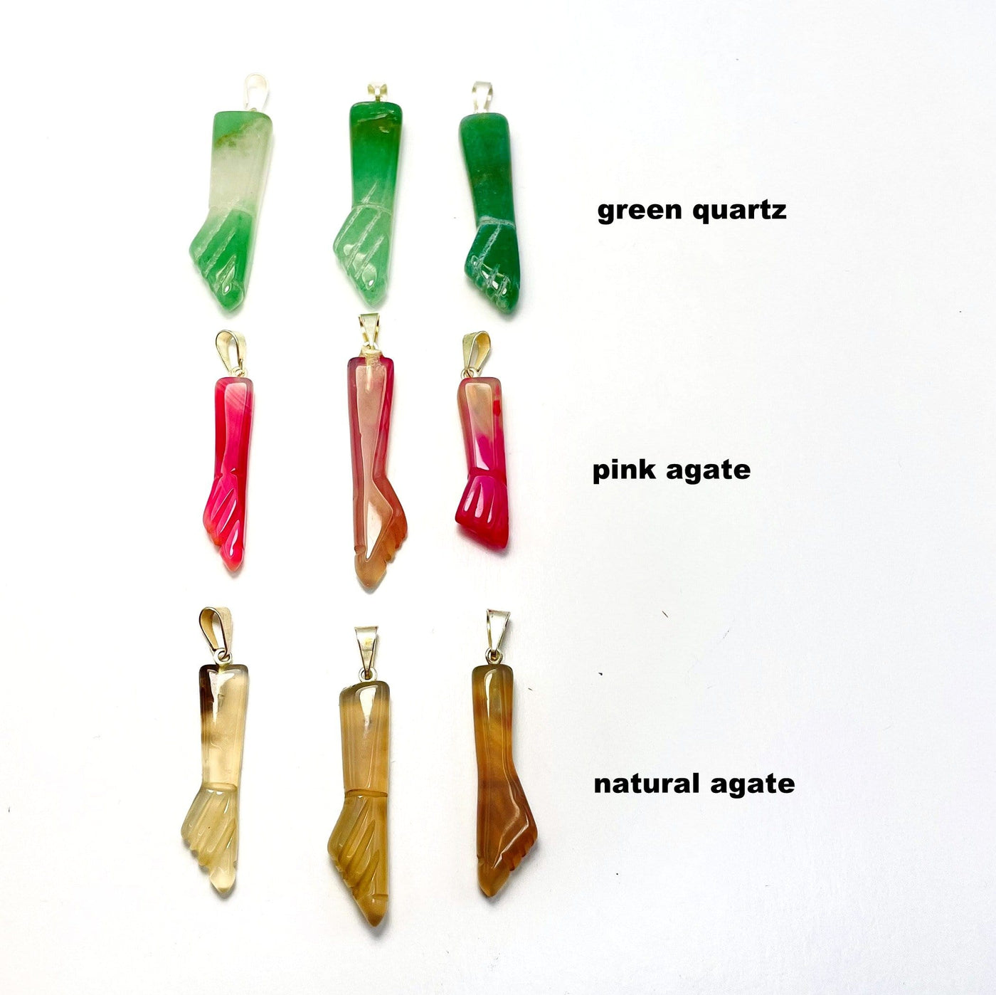 Figa Hand Pendant Protection Stone Amulet next to the crystal names also available in: Green Quartz, Pink Agate, Natural Agate.