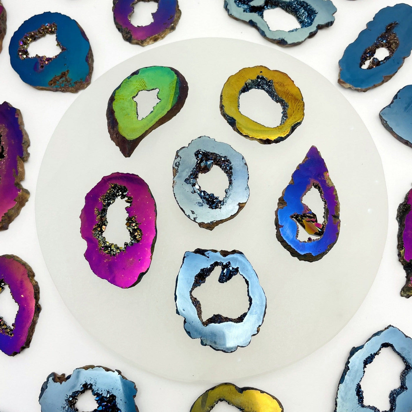 Picture of agate slices being displayed on a white background.