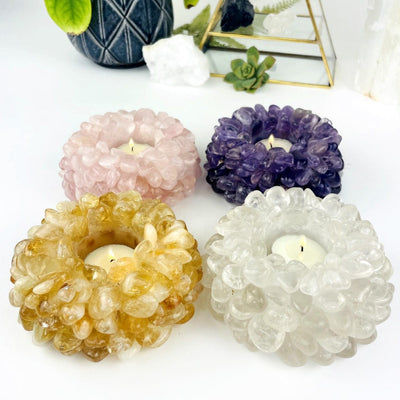 other options available of the Tumbled Stone Candle Holder, rose quartz, citrine and amethyst also