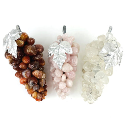 3 kinds of Polished Stone Grape Bunch with Silver Leaf , crystal Quartz, Rose Quartz and Carnelian