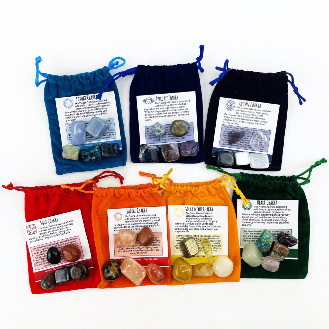 Set of 7 Chakra Colorful Plush Pouches with information card on the pouch along with the tumbled stones in each set.