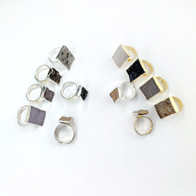 Quartz Druzy Rectangle Adjustable Rings from over top in gold and silver