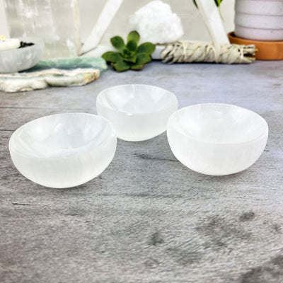 3 Selenite Bowls from side view
