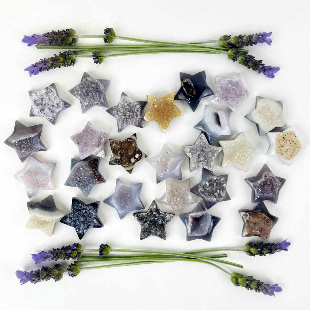 Multiple Natural Agate Druzy Star Cabochons showing color and pattern variations
