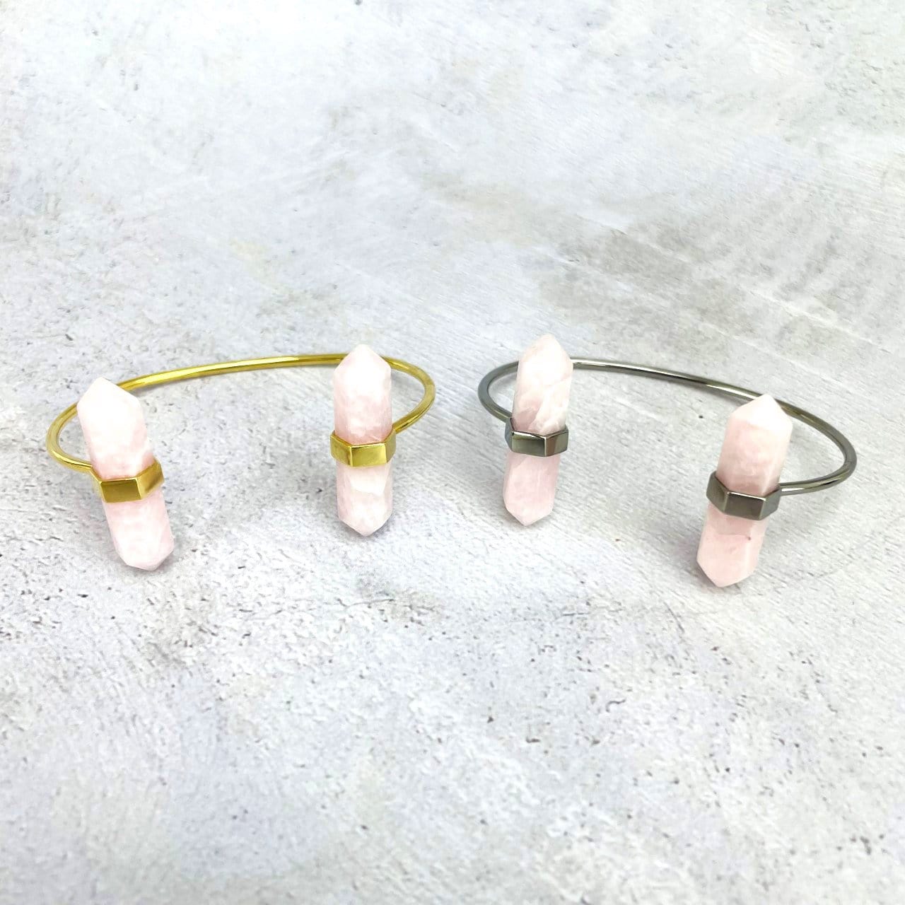 rose quartz Crystal Point Cuff in gold and silver