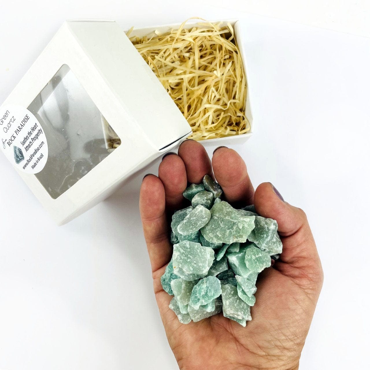 Green Quartz Chubbie Box of Stones showing in hand