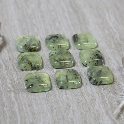 side view of Prehnite Square Cabochons for thickness reference
