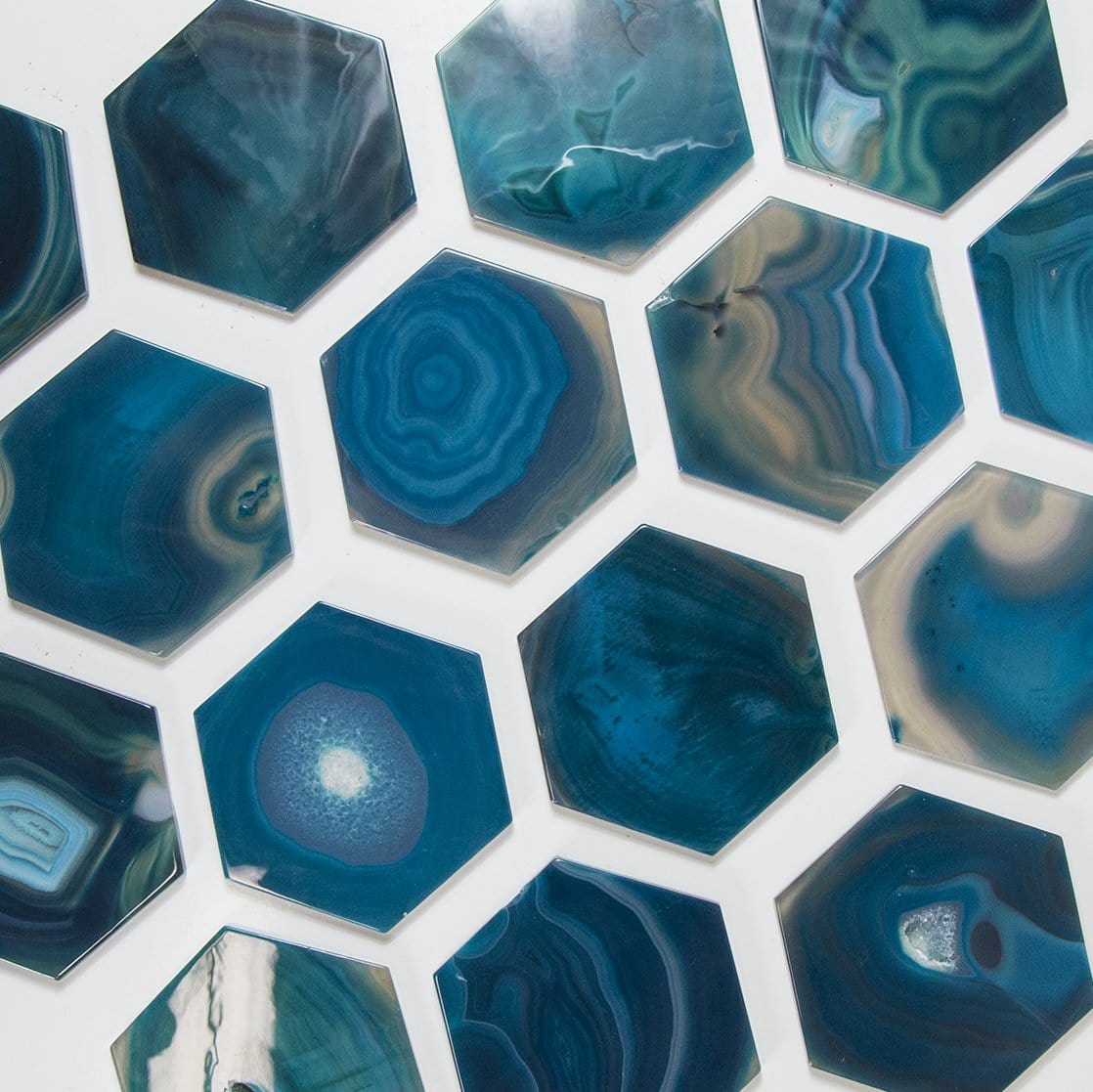 teal agate hexagons on a table