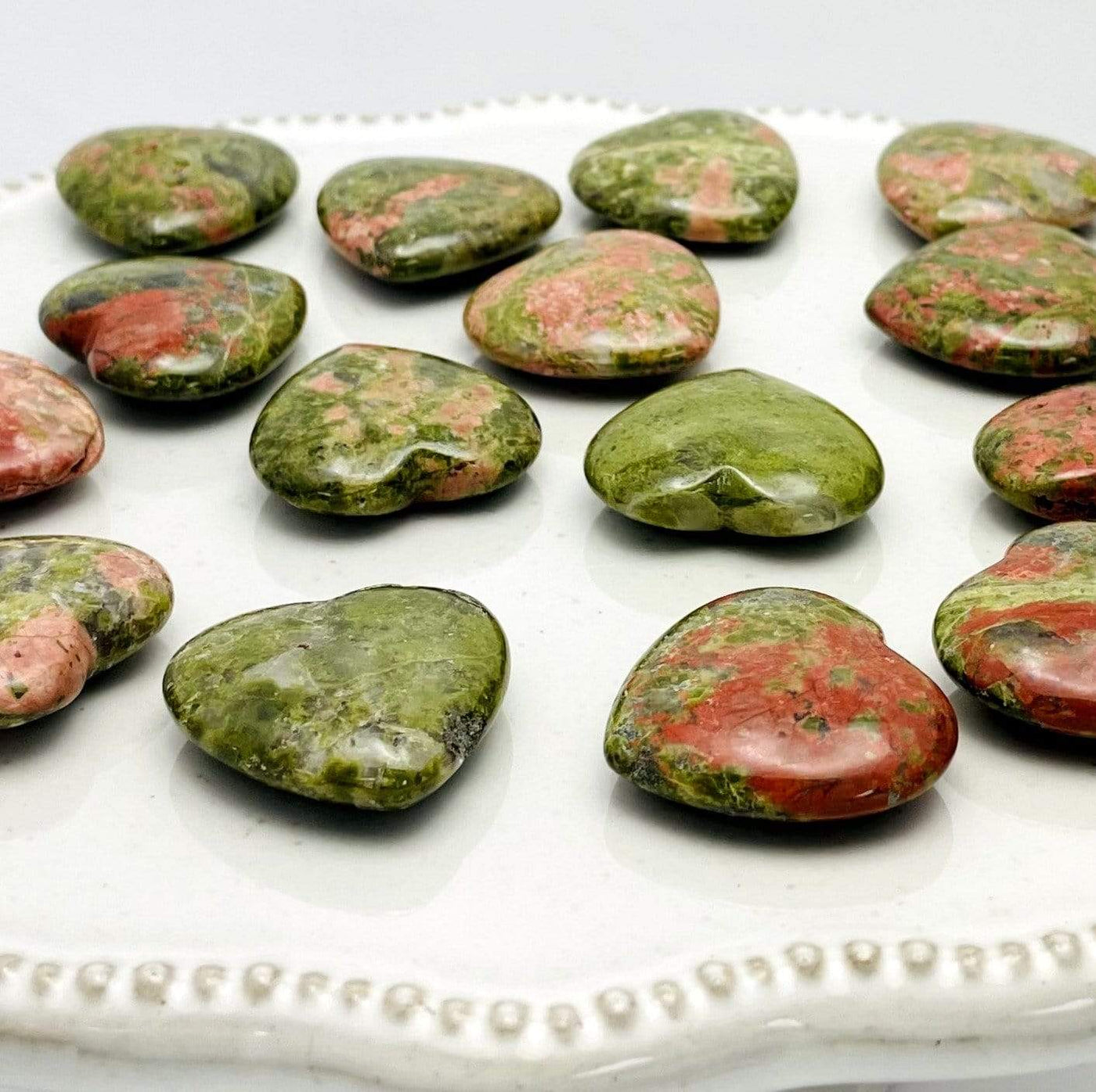 15 Unakite Hearts from a side view 