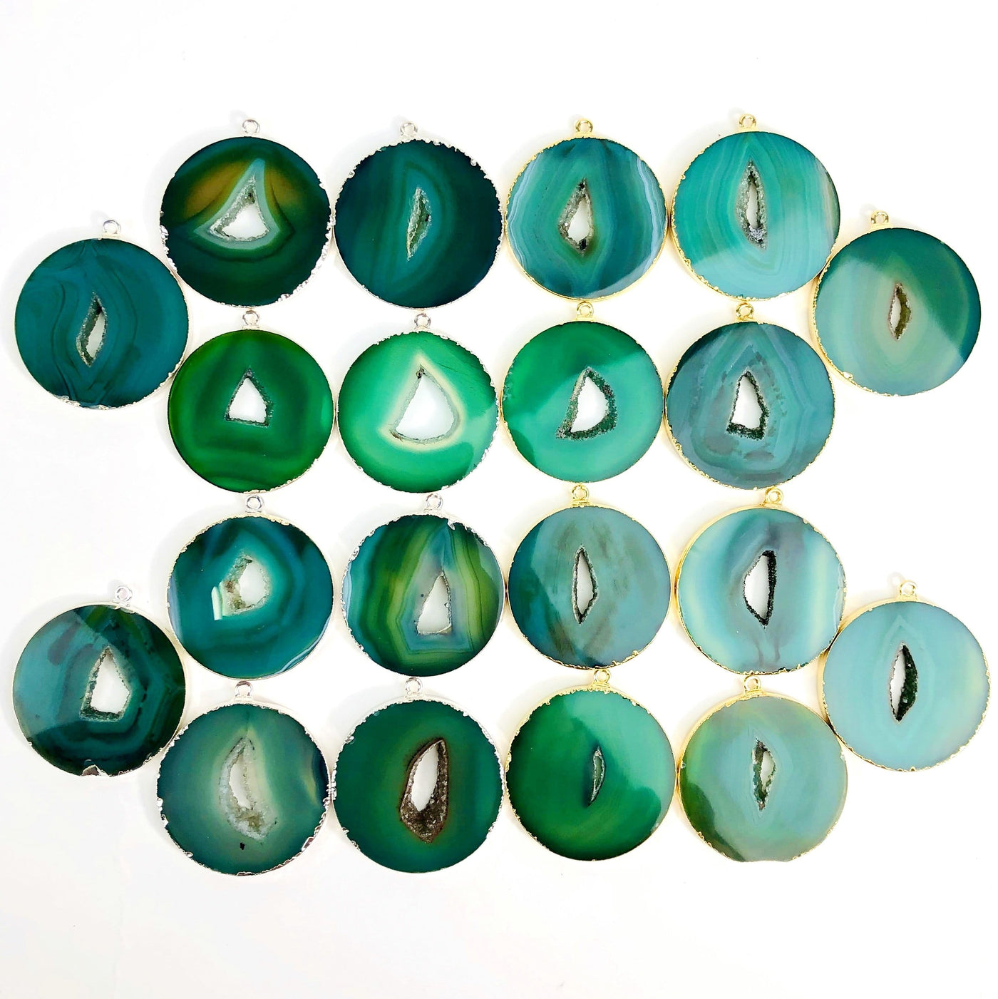 Multiple Green Agate Circle Slice Pendants to show color and pattern variation.