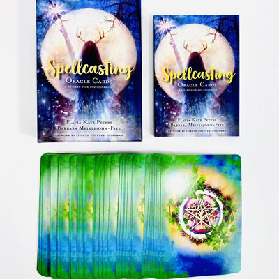 Spellcasting Oracle Card Deck shown with box it comes in, guide book, and cards