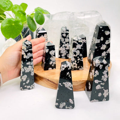 black jade with pink thulite obelisks with decorations