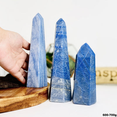 Three Blue Quartz Tower Points weighing at 600-700g in a variety of sizes