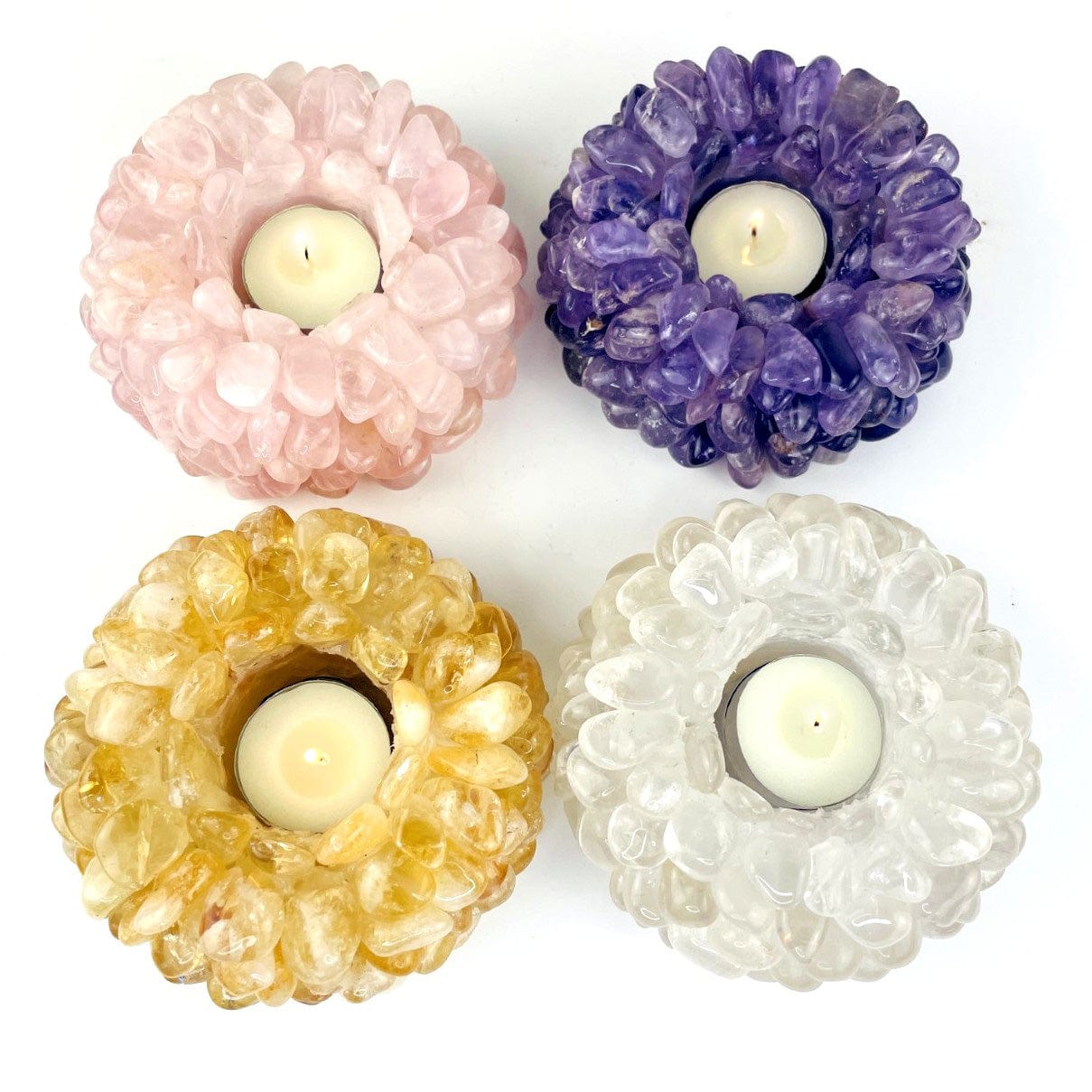 4  choices available of the Tumbled Stone Candle Holder, rose quartz, citrine and amethyst 