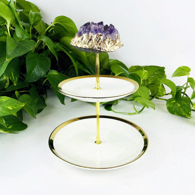 Amethyst Crystal Cluster with Gold Electroplated Edge Topper- 2 Tier Fruit Plate