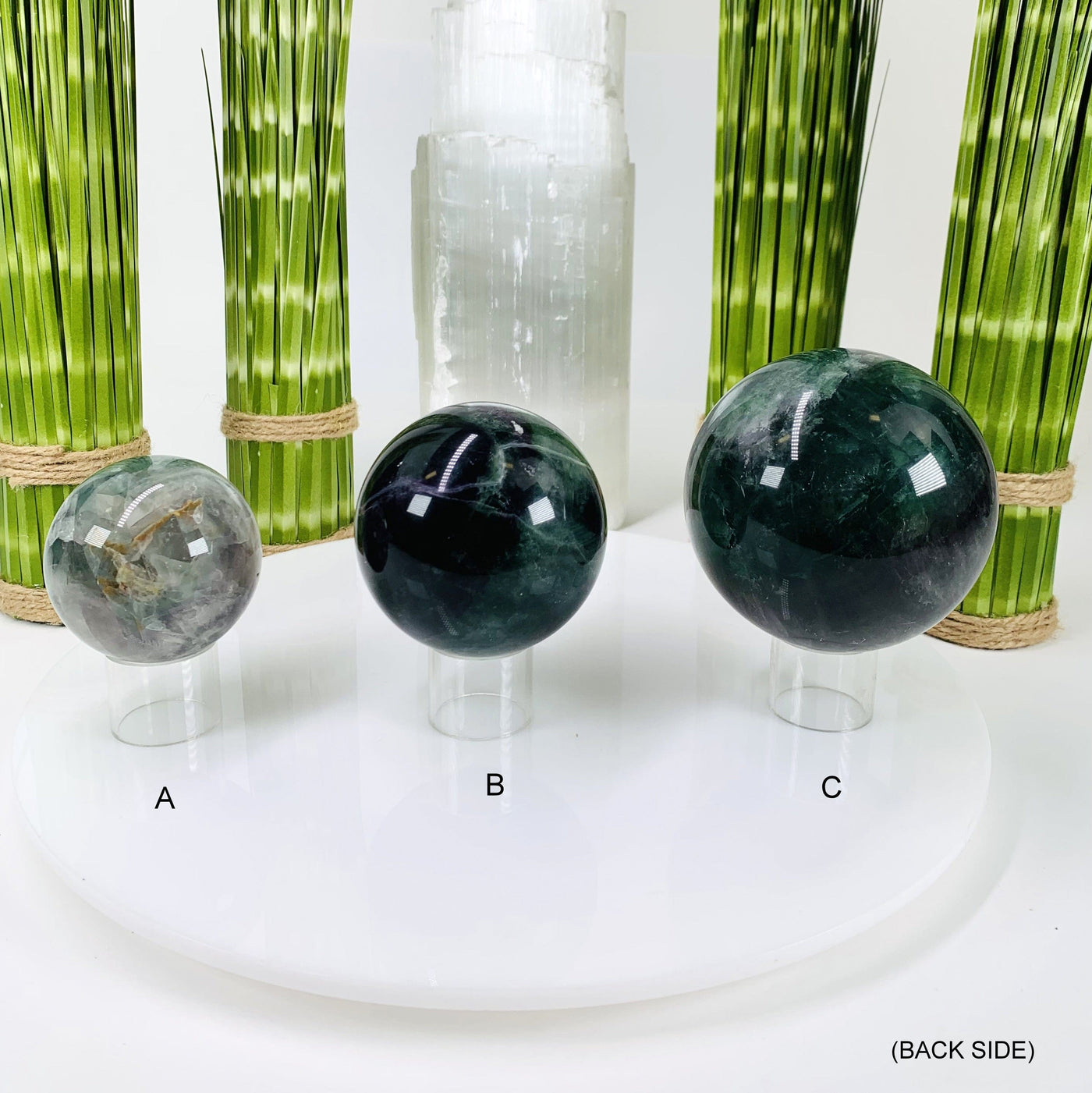 Back side Picture of all 3 rainbow fluorite spheres lined up next to each other, displayed on a white background.
