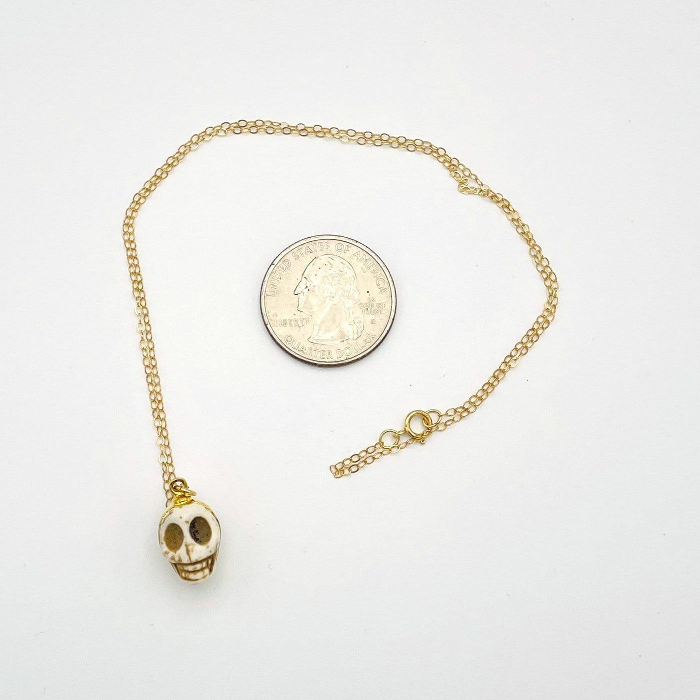 whole white howlite skull pendant necklace on white background with quarter for size reference