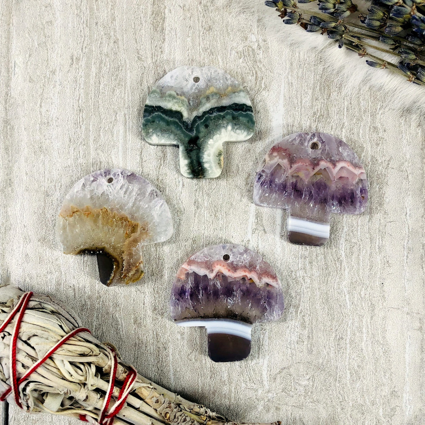 Four Amethyst Mushroom Shaped Large Cabochon and Pendant in different colors to show variety 