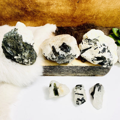 6 different size of Epidote In Quartz Chunks on white background.