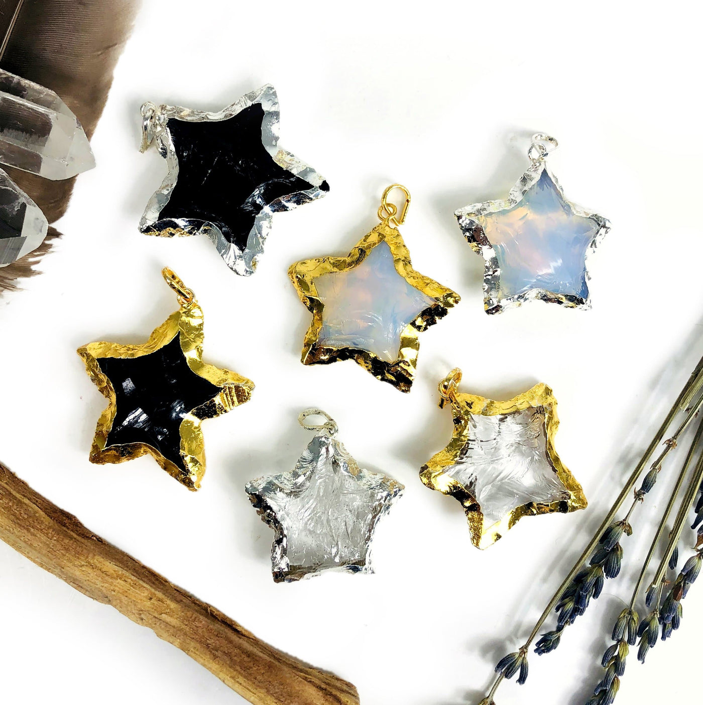 star electroplated pendants with decorations in the background