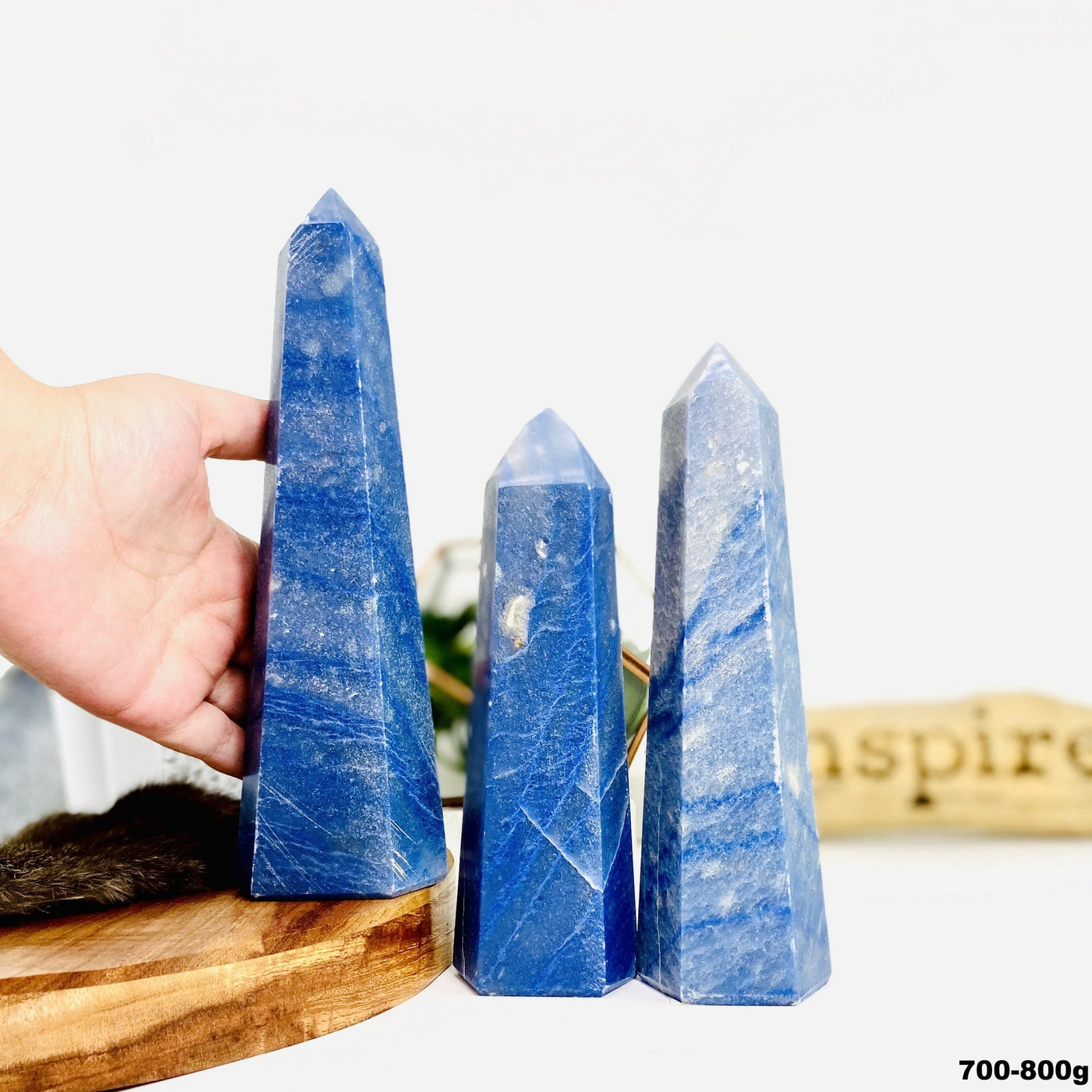 Three Blue Quartz Tower Points weighing at 700-800g in a variety of sizes
