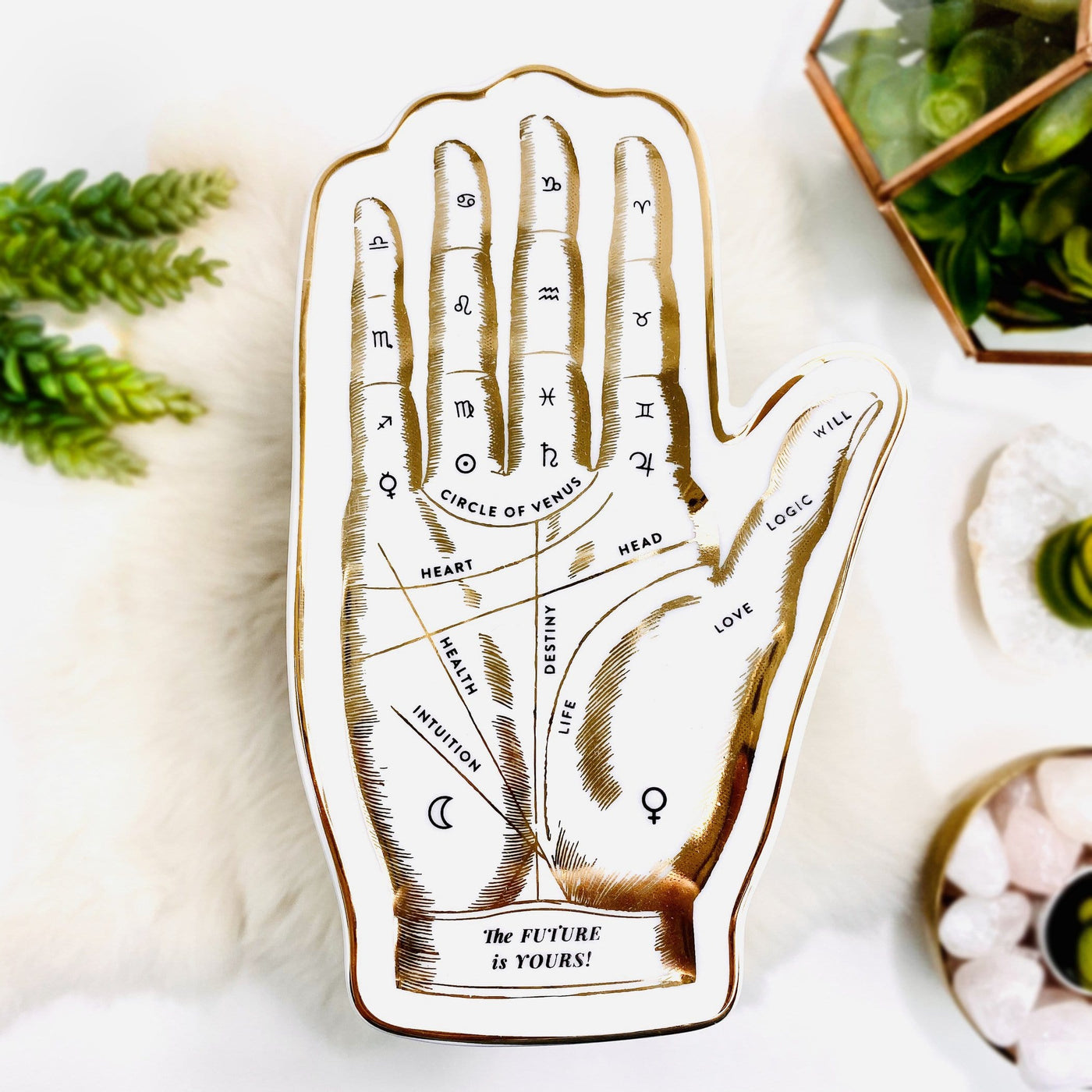 One white and gold Palmistry Hand The Future is Yours Shaped Porcelain Tray