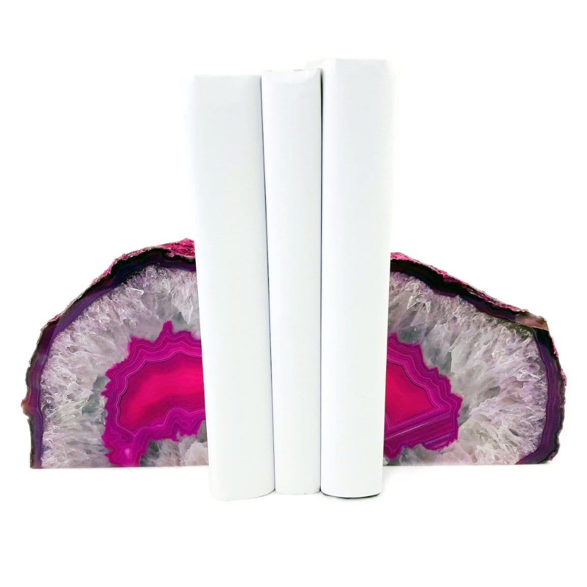 pink agate bookends set as home decor 