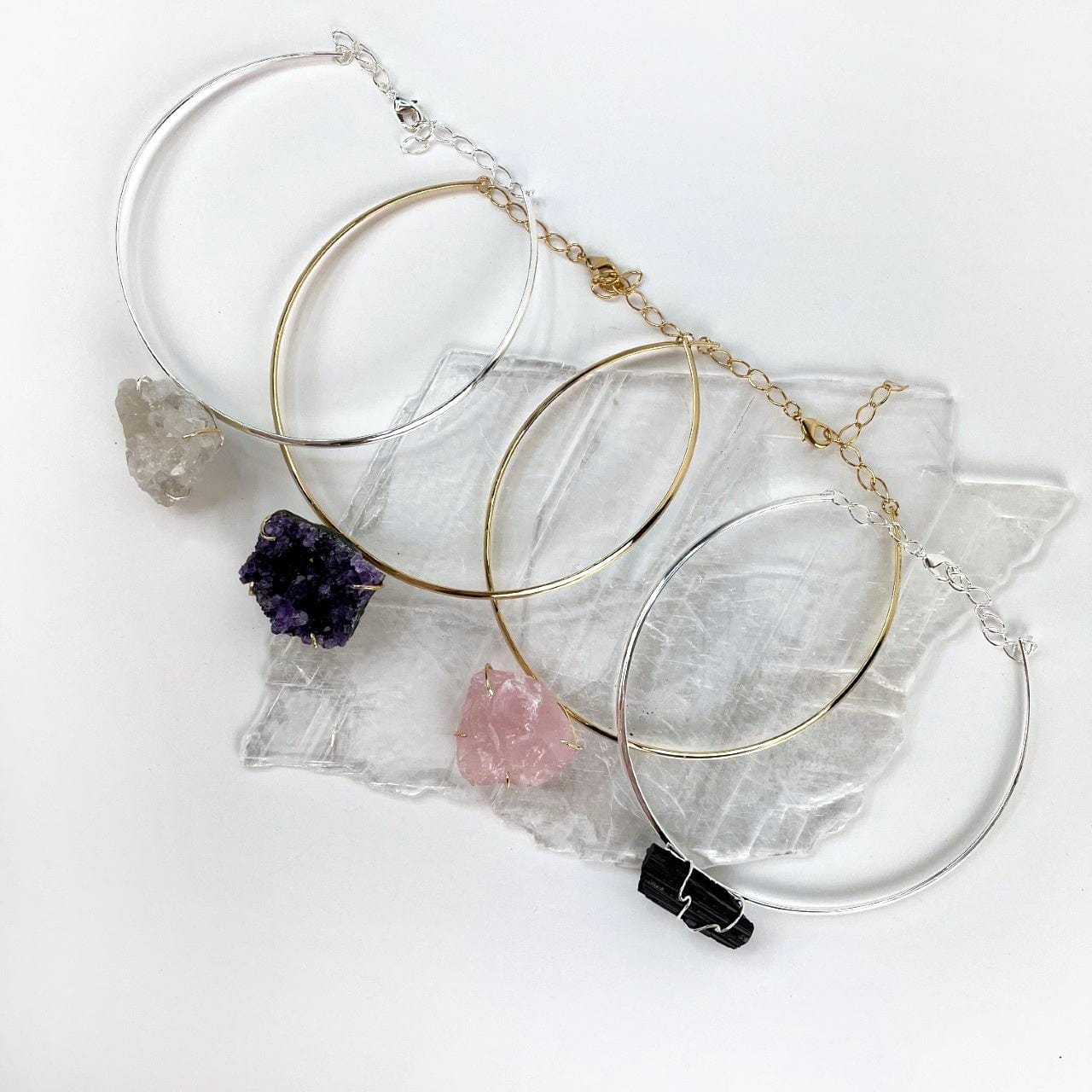 Crystal Gemstone Necklace in Gold or Silver Electroplated, shown here in crystal cluster, amethyst cluster, rose quartz and tourmaline