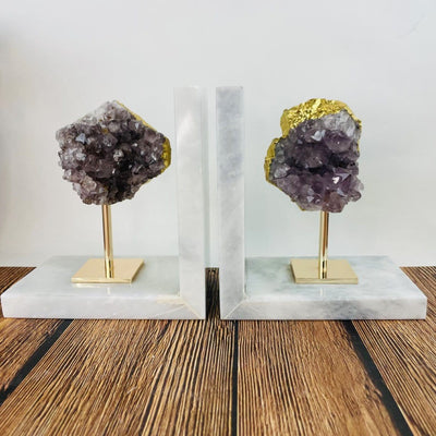 Amethyst Cluster on Gold Stand on Stone Bookends