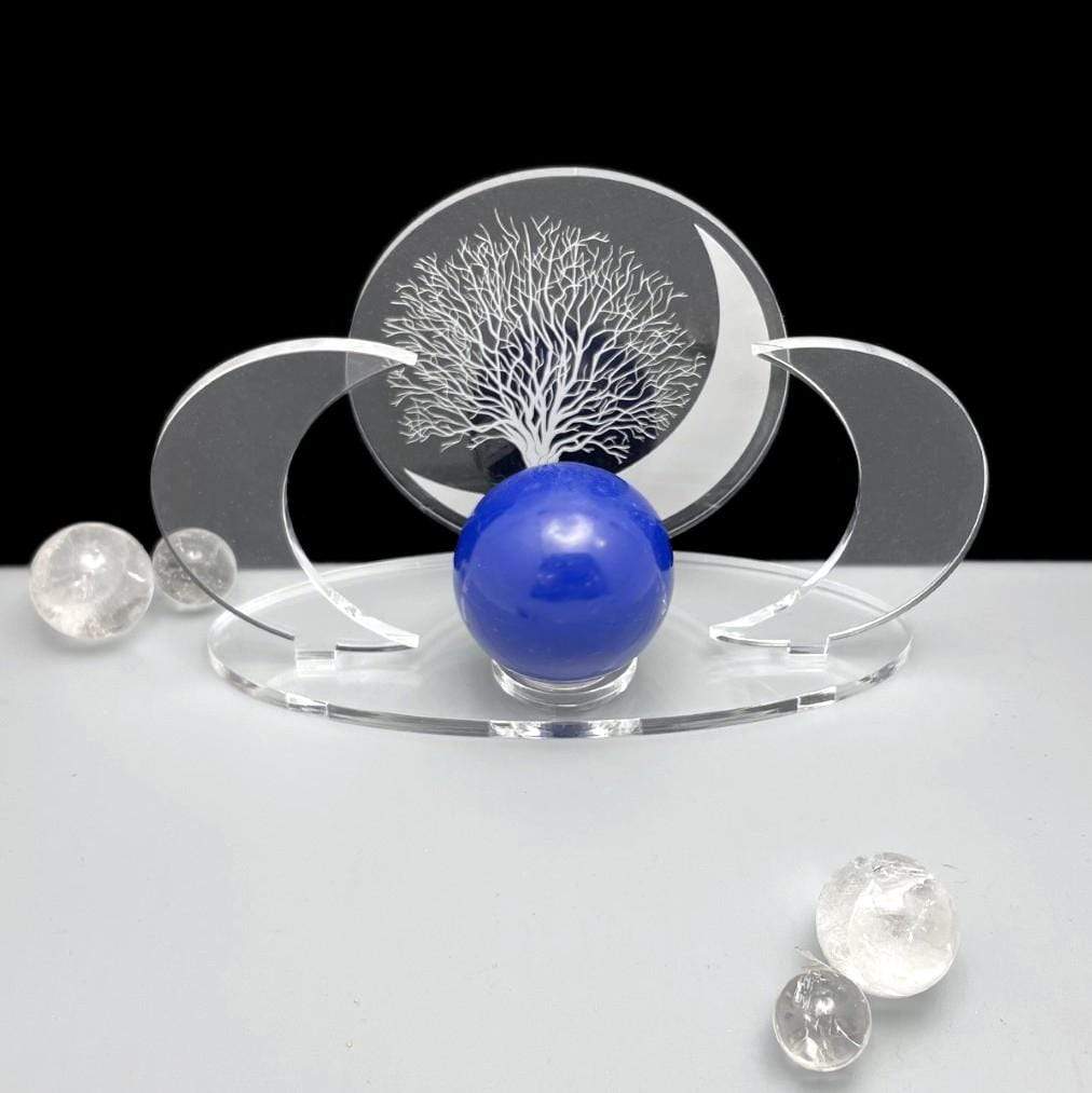 Front view - Acrylic Sphere Holder Crescent Moons - Tree of Life holding a sphere with surrounding small spheres for display.