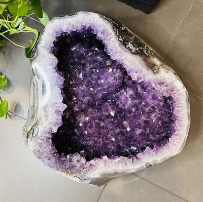 Looking down into an amethyst cave