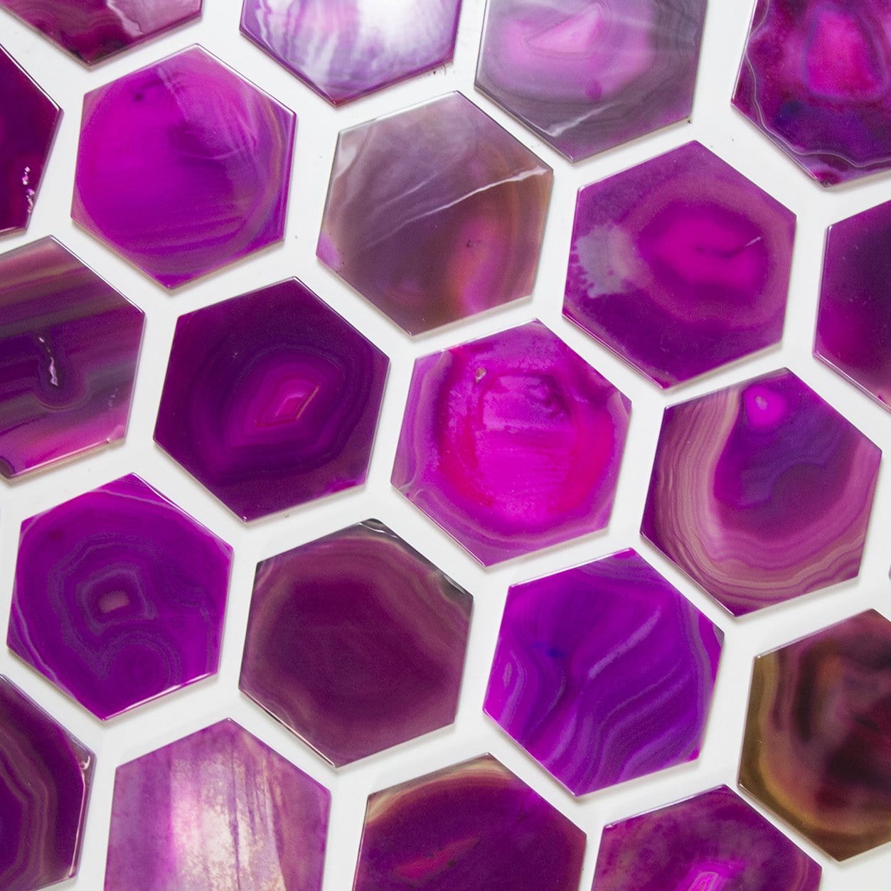 pink agate hexagons on a table