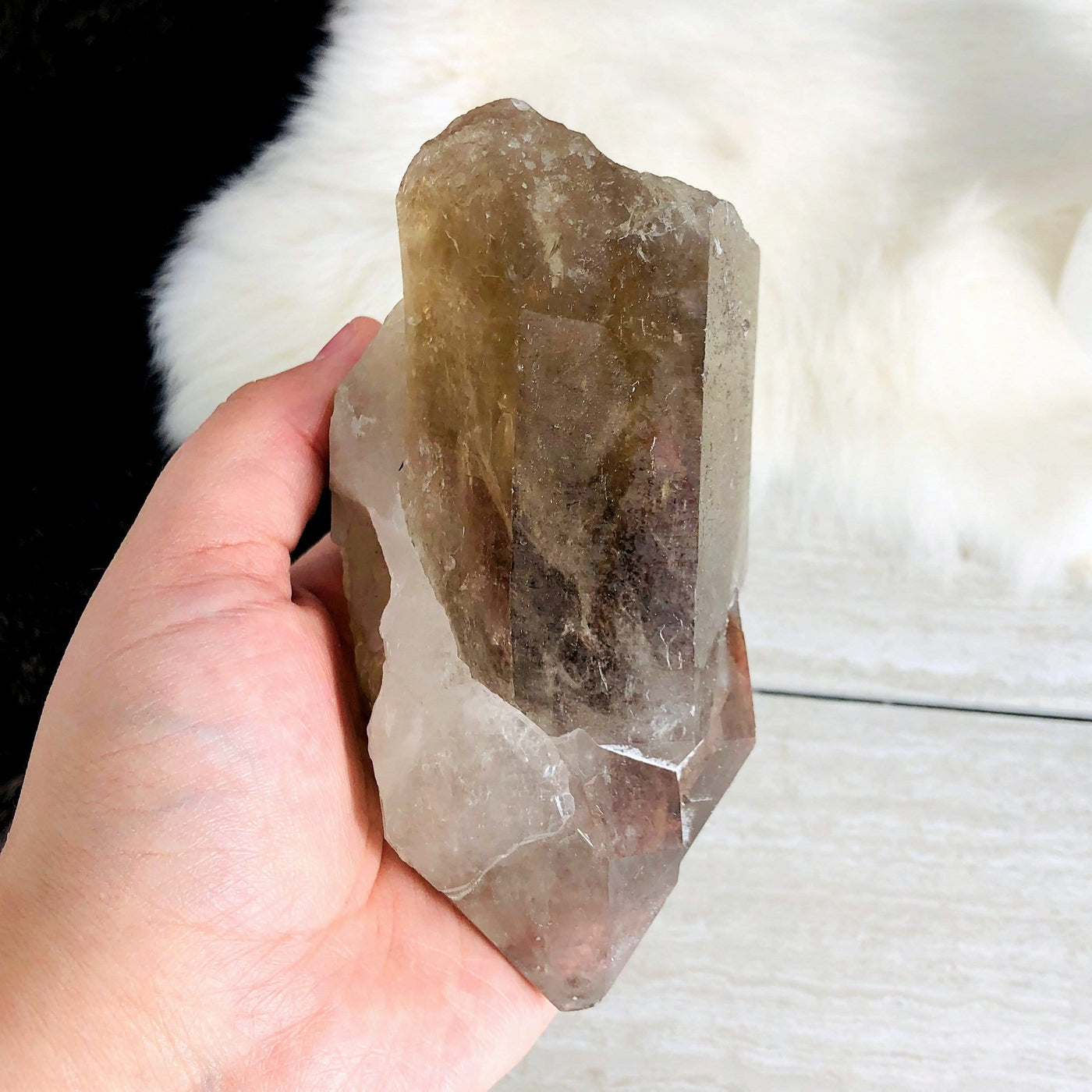 smokey quartz raw point in hand for size reference