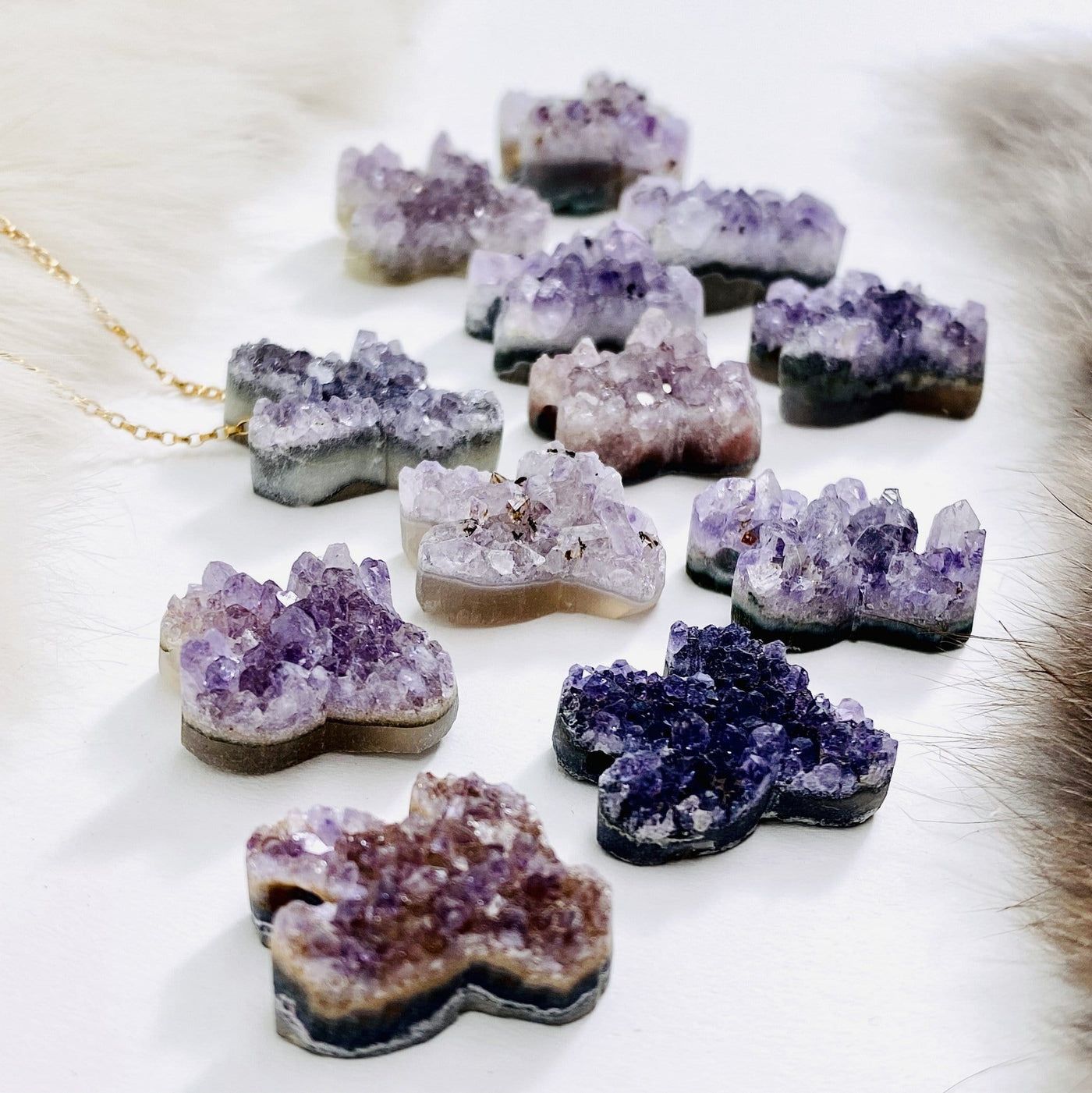 Petite Druzy Amethyst Cactus Cabochon in different shades of purple top side drilled side view