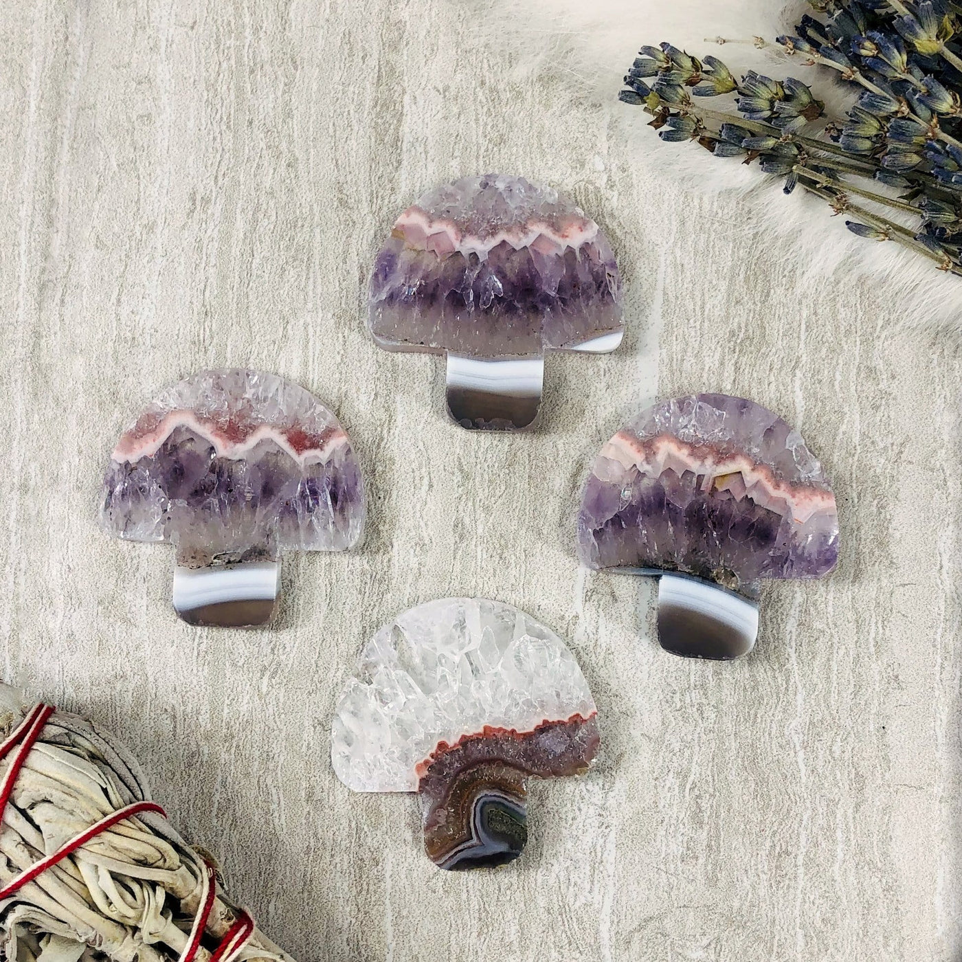 Four Amethyst Mushroom Shaped Large Cabochon and Pendant top view 