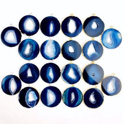 Multiple Blue Agate Circle Slice Pendants to show color and pattern variation.