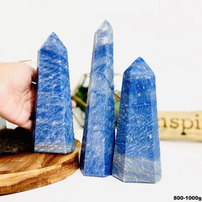 Three Blue Quartz Tower Points weighing at 800-1000g in a variety of sizes