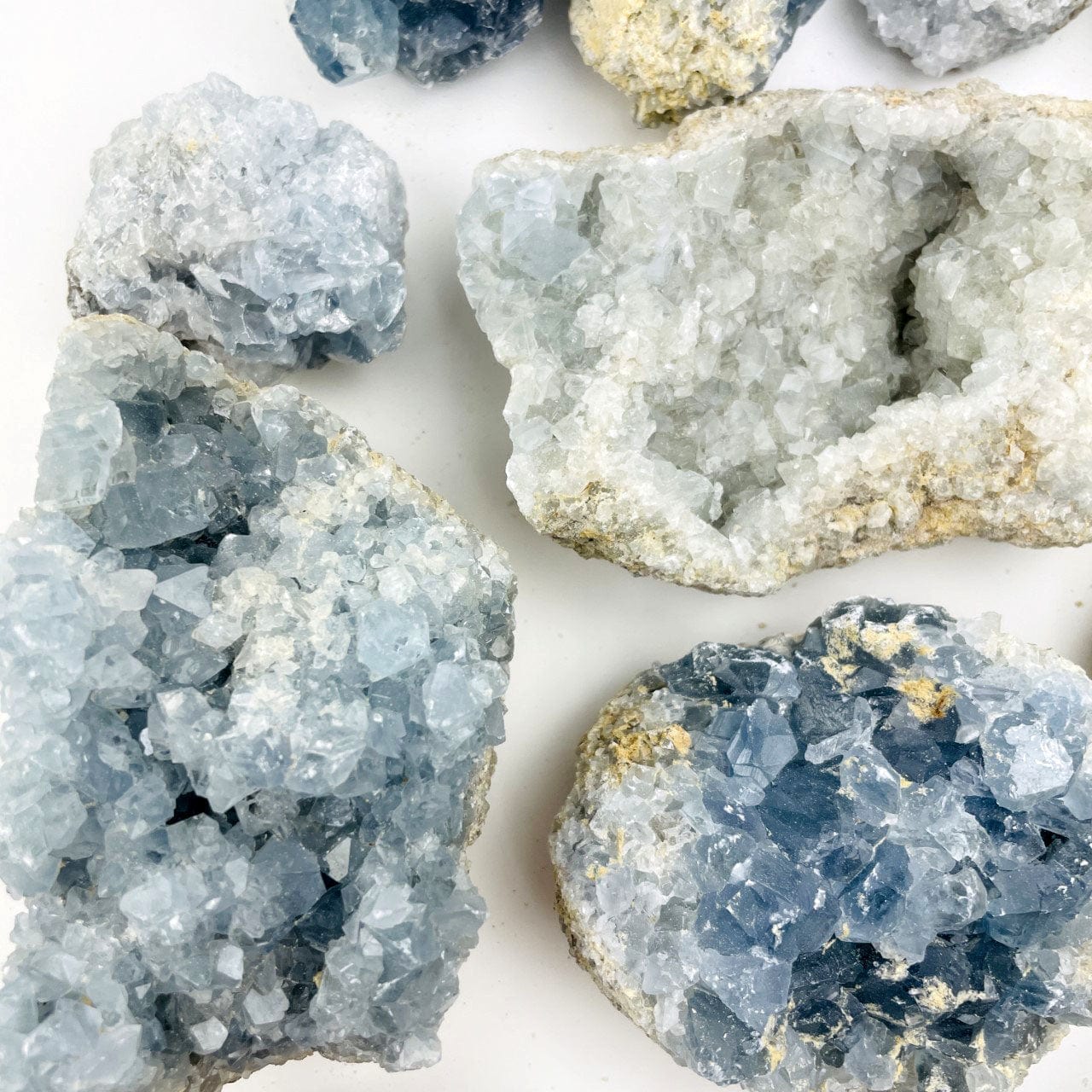 Celestite Crystals in varying shades of blue