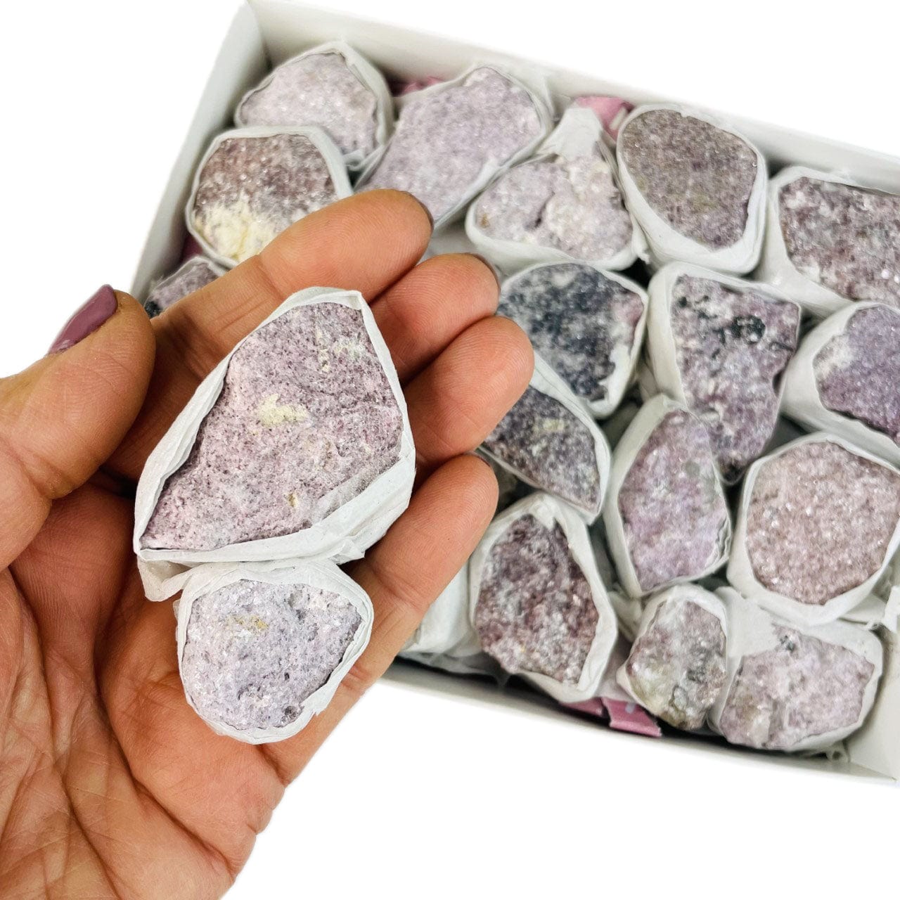 Rough  lepidolite in a hand showing varying sizes of stone
