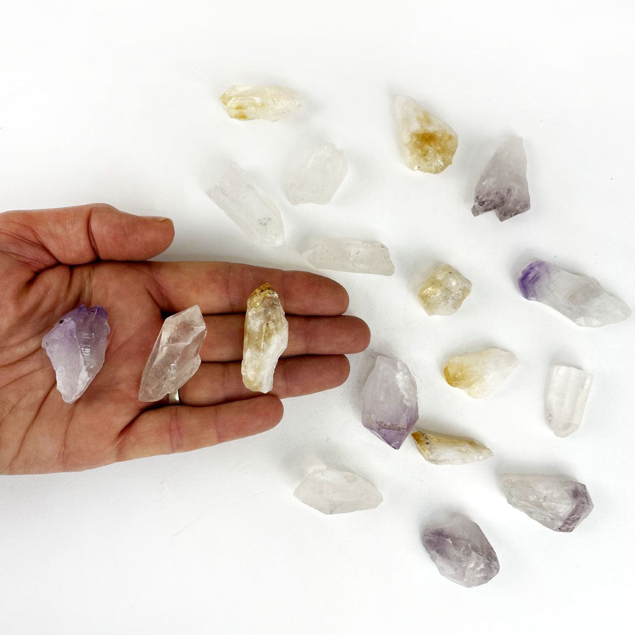 Triple Energy Set of Quartz, Amethyst and Citrine Points  in a hand to show size