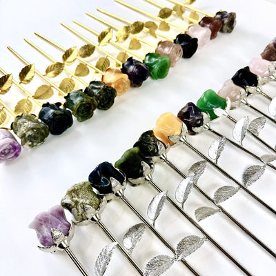 One of each Crystal Rose - Carved Stones shown in silver and gold stems