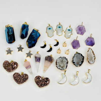 multiple of each pendant displayed to show the slight differences 
