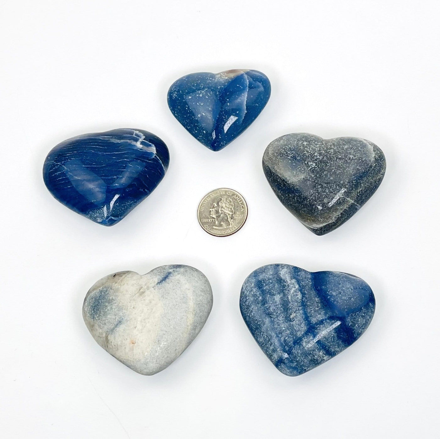 Blue Quartz Hearts - 5 in a circle with a quarter in the middle