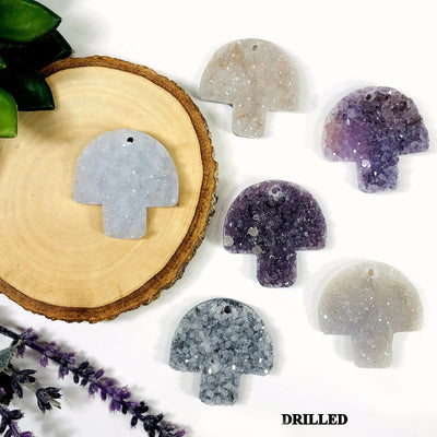 6 drilled druzy mushroom cabochons with decorations